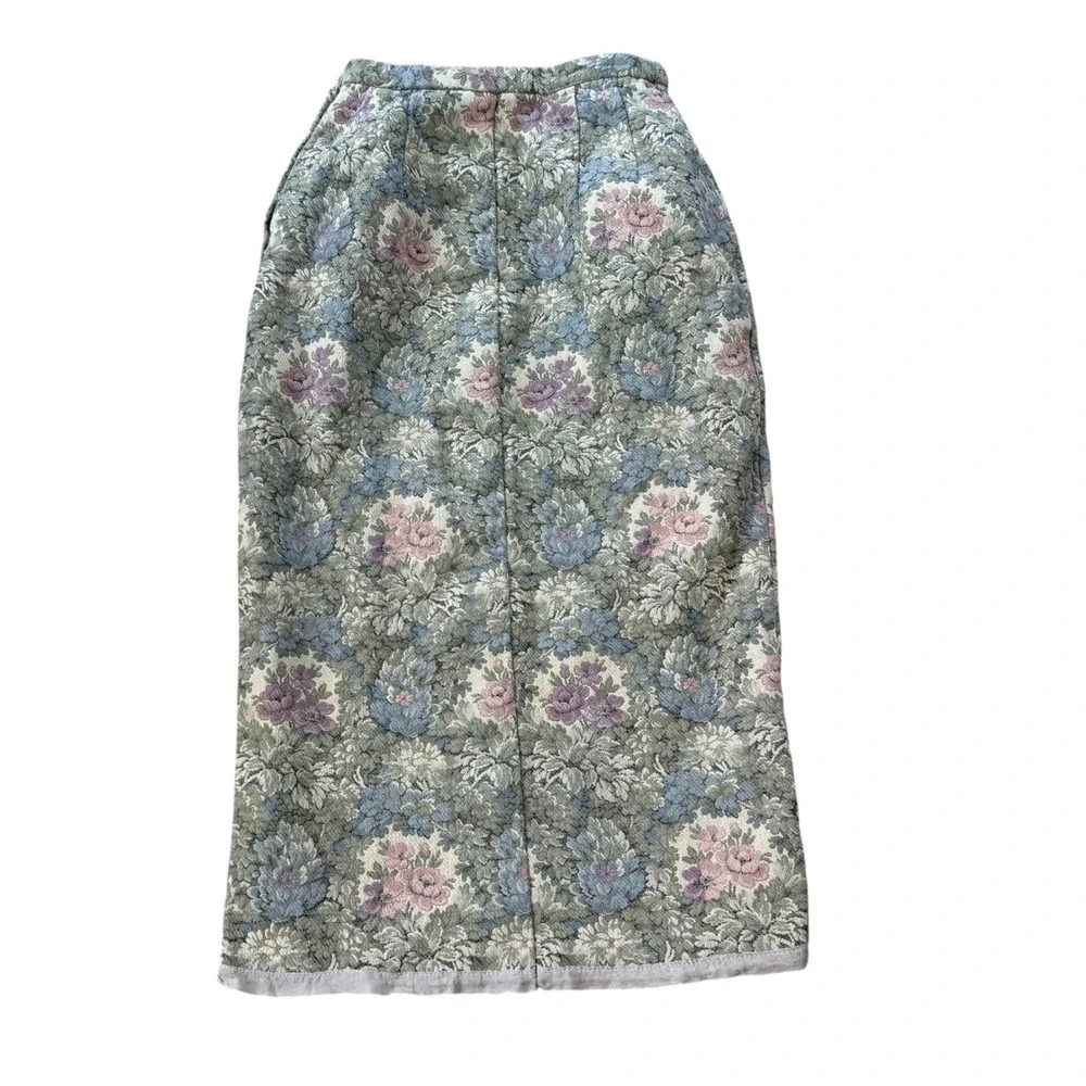Vintage 60s Handmade Floral Tapestry Jacquard Maxi Skirt Cottagecore XS Green
